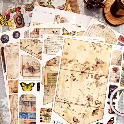 Vintage Junk Journal Kit with DIY Ephemera Storage and Accordion Pockets,11 Sheets Cardstock Pieces for Art Journaling, Scrapbooking and Mixed Media Crafts - color: Vintage