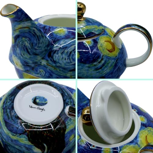 Porcelain 13 OZ Tea for One Teapot and Cup Set Vintage Floral Ceramic Tea Set European Style Tea pot and Saucer Set (Starry Sky) - color: Starry Sky