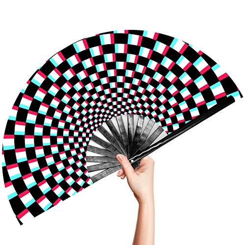 OMyTea Large Rave Clack Folding Hand Fan for Men/Women - Chinese Japanese Bamboo Handheld Fan - for EDM, Music Festival, Club, Event, Party, Dance, Performance, Decoration, Gift (Illusion Checkered) - color: Illusion Checkered