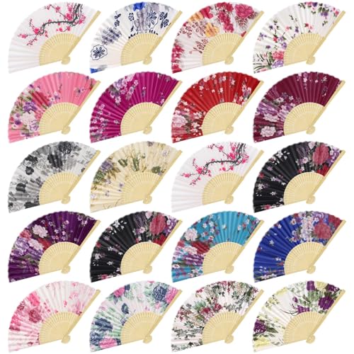 Aodaer 20 Pack Floral Folding Fans Chinese Style Handheld Fans Silk Bamboo Fans Decorative Fans for Wedding, Party Favors