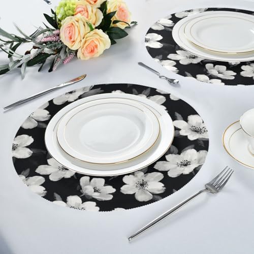Black White Flowers Round Placemats Washable ‌Heat Resistant‌ ‌Non-Slip Place Mats Table Place Mat for Kitchen Dining - color: Black White Flowers, size: 15.4x15.4inx1