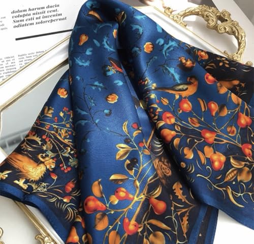 ANDANTINO 100% Mulberry Silk Scarf -21” Square Neckerchief with Gift Packed - color: Gold&royal Blue