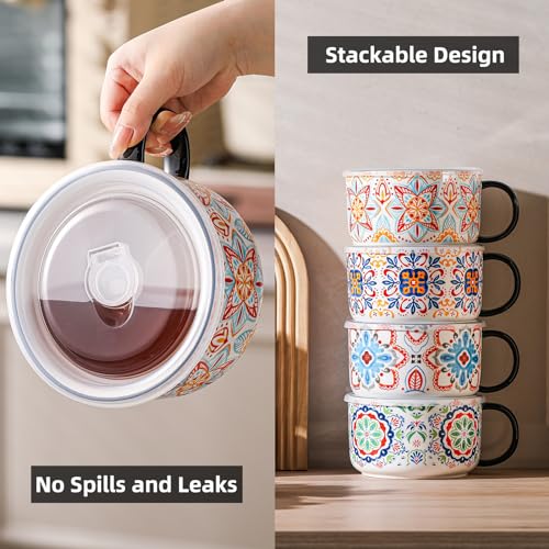 Jumbo Ceramic Soup Bowl with Lid, Microwave Safe - Pattern D - color: Pattern D, size: Set of 1