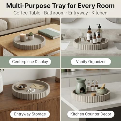 Round Solid Concrete Tray, Fluted Centerpiece for Coffee Table Decor 13" - color: Gray