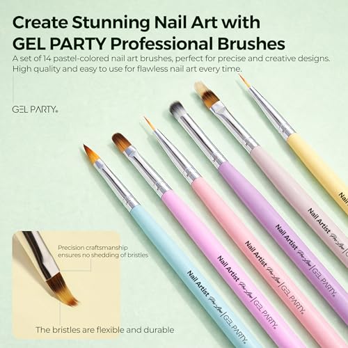 GELPARTY 21 Pcs Pastel Nail Art Brush Set for Gel Polish, Acrylic & Ombre – Professional Detail Liner Brushes, Dotting Tools, Silicone Sculpting Pens & Gradient Painting Kit for DIY Manicure