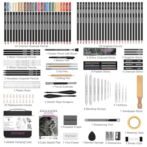 HIFORNY 126 PCS Drawing Kit Sketching Pencil Set,Sketch Pencils Art Supplies with 3-Color Sketchbook,Graphite,Charcoal,Blending Tools,Drawing Pencils for Adults Artists in Zipper Case