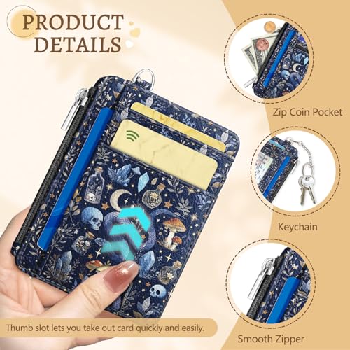 Kelvoris Credit Card Holder Small Wallet Women, Slim RFID, Goth Mushroom - color: Blue Goth Skull