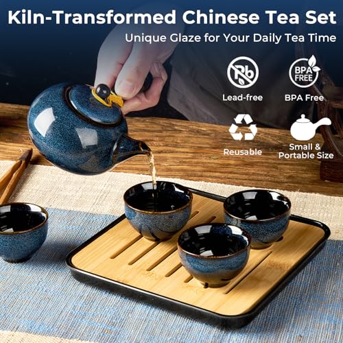 DUJUST Chinese Gongfu Tea Set, Kiln Altered Glaze Porcelain Tea Set with 1 Teapot, 4 Tea Cups & 1 Tea Tray, Portable Japanese Tea Sets with Storage Bag for Travel, Gifting, Outdoor, Dark Blue - color: Dark Blue