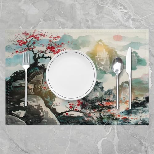 Feelyou Japanese Style Placemats Set Set of 4 18"x12" - color: Pink Teal