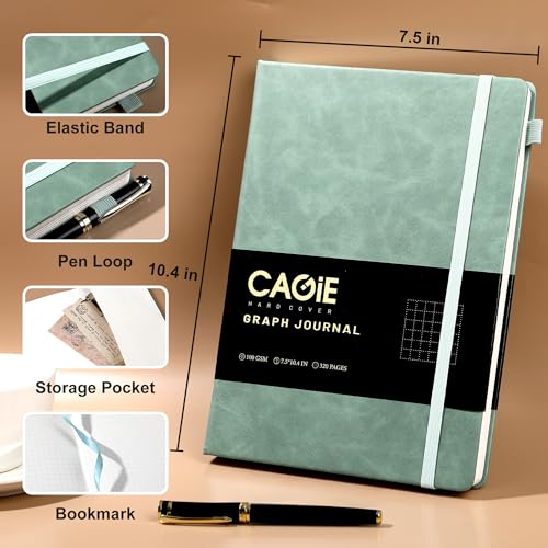 CAGIE Graph Notebook 320 Pages 100 GSM Paper Graphing Grid Journal B5 Hardcover Leather Quad Ruled Notebooks for Engineering, Math, Work, Green - color: Green, style: Graph B5