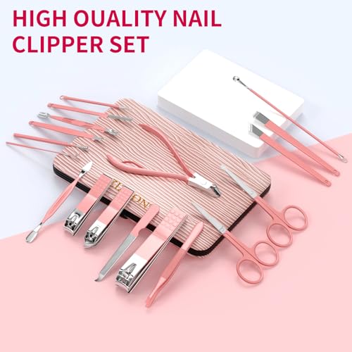 ZIZZON Manicure Set 18 in 1 Professional Pedicure Set Nail scissors Grooming Kit with Leather Travel Case Pink - color: Pink