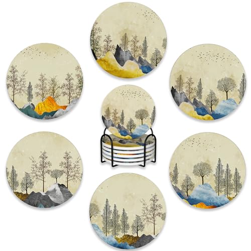 6 Pcs Coasters for Drinks with Holder,Brown Trees with Golden Gray Mountains Landscape Absorbent Coaster with Cork Backing,Great Gift for Housewarming,Room Decor,Bar,Holiday Party - color: Brown Trees With Golden Gray Mountains Landscape