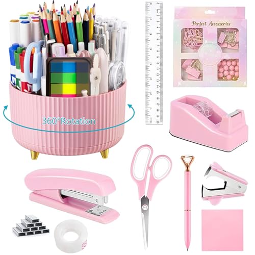Office Supplies,School Supplies,Pink Desk Accessories,Desk Organizer,Scissors,Stapler,Tape Dispenser,Binder Clips,Staples,Staple Remover,Sticky Notes,Clear Tape,Pen,Ruler,Best Gift,11pcs - color: 11 Pcs Set Pink, size: 11 pcs set