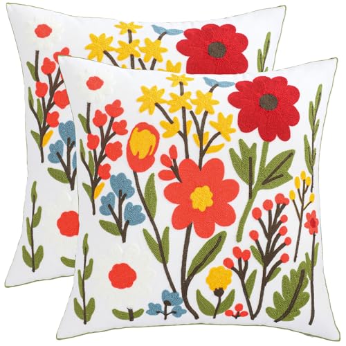 LUOYEHK Embroidered Throw Pillow Covers 18x18 Inch Set of 2 Spring Flowers Decorative Pillow Cover Summer Boho Floral Cushion Pillowcase for Couch Sofa Bed Living Room - color: Orange Red Flower
