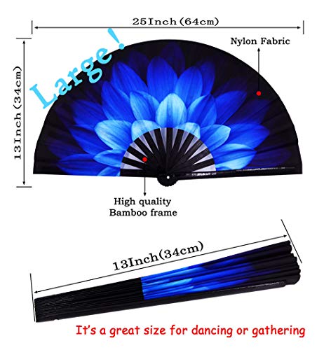 Large Folding Hand Fan Rave Fans, Blue Flowers - color: Blue Flowers