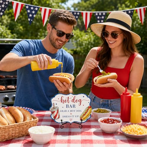 Patriotic Wooden Hot Dog Sign with Metal Stand, 5 x 7 Inch Independence Day Tabletop Food Display for BBQ Party, Buffet Table, Food Truck, Hot Dog Shop, Celebration Decor - A02 - color: DLR A02