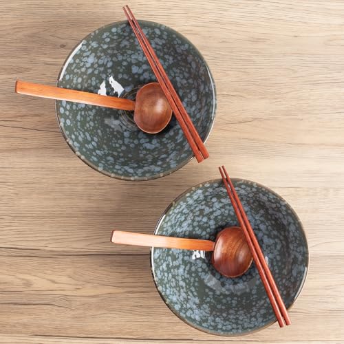 40oz Japanese Ceramic Ramen Bowl Set of 2 with Chopsticks and Spoons for Pho Udon Asian Soup Noodles (Jade Speck) - color: Jade Speck