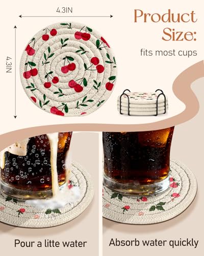 Drink Coasters Set of 4 - Cute Absorbent Cup Coasters for Drinks Coffee Table Office Home Desk Decor Soft Woven Cotton Cloth Braided Fabric Drinking Cup Mat with Holder Mushroom Cherry Fruit - style: Fruit Mushroom