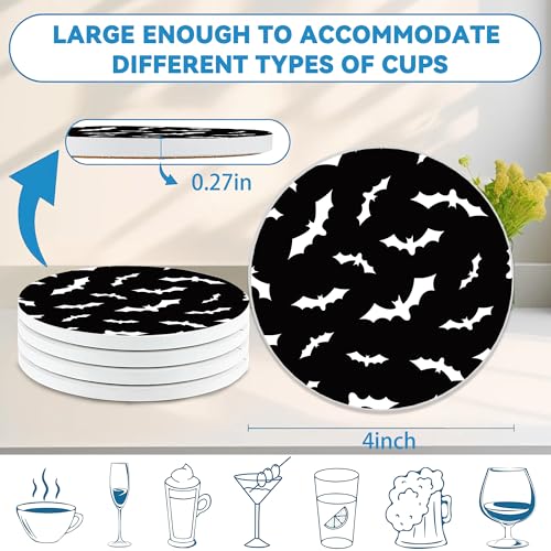 Drinks Coasters Set of 4, Bat Round 4" Cup Coasters, Absorbent Ceramic Stone Coasters with Cork Base, Cute Coasters for Table Home Décor, Ideal Gifts for Women Men - color: Bat