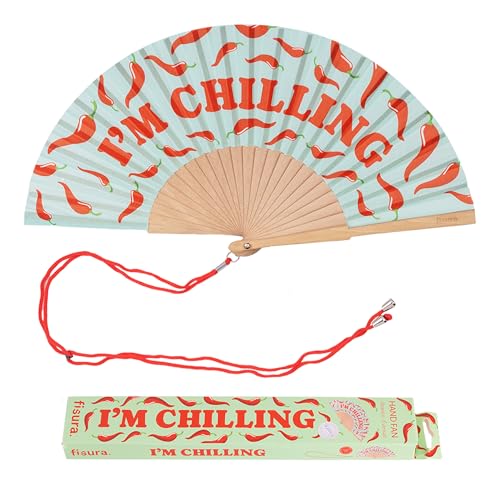 Fisura – Original Folding Fan I´m chilling, Wooden Hand Fans for Women foldable - Mint Design for Raves, Festivals, Weedings - Hanger included, Size: 16.7 x 9 inches - color: I'm Chilling, Mint