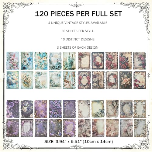 120 Sheets 4 Themes Vintage Scrapbook Paper Bundle, 4x5.5 Inch Pre-Cut Deckled Edge, Dark Academia Cottagecore Tea-Stained Floral Ephemera, Single-Sided for Junk Journal, Collage & Card Making - color: Multicolor 20