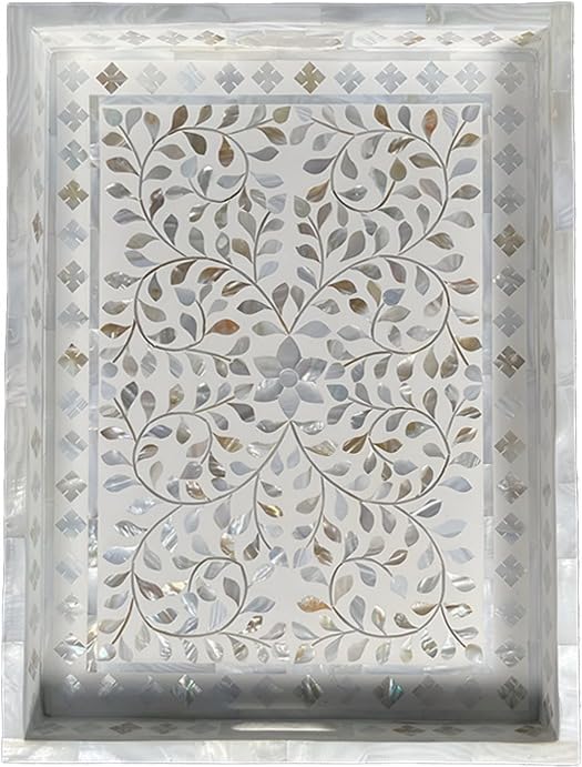Beautifully Handcrafted Antique Mother of Pearl Serving Tray | White Colour Home Decor Tray | Decorative Food Platter | Handcrafted Ottoman Tray | Breakfast in Bed Tray - Fairdeal Handicrafts