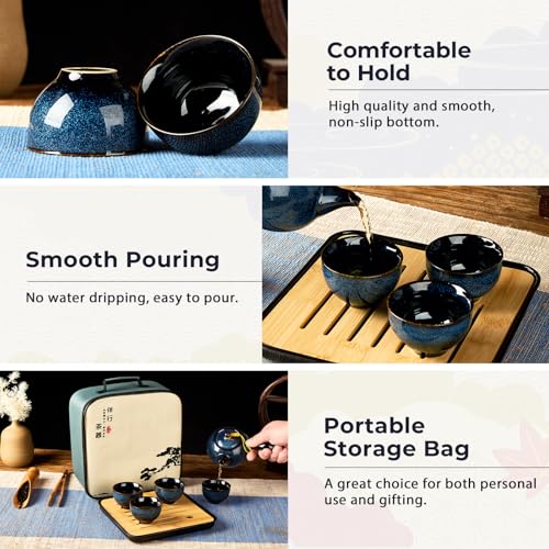 DUJUST Chinese Gongfu Tea Set, Kiln Altered Glaze Porcelain Tea Set with 1 Teapot, 4 Tea Cups & 1 Tea Tray, Portable Japanese Tea Sets with Storage Bag for Travel, Gifting, Outdoor, Dark Blue - color: Dark Blue