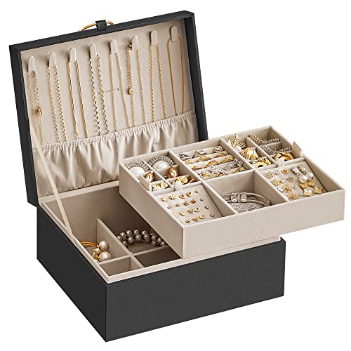 SONGMICS 2-Layer Jewelry Box with Handle, Removable Tray, Floating Effect - color: Black