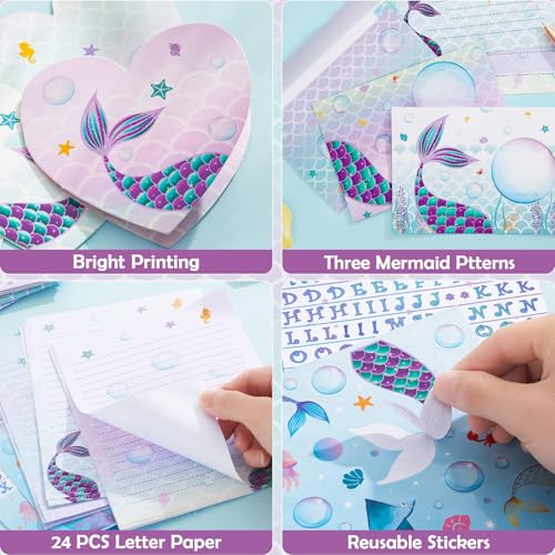 WERNNSAI 69 PCS Mermaid Kids Stationery Paper and Envelopes Set for Girls - color: Mermaid