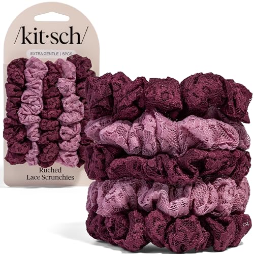 Kitsch Ruched Lace Hair Scrunchies For Women – Cherry Lacquer & Dusty Pink - color: Cherry Lacquer & Dusty Pink