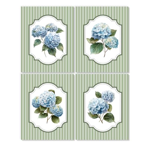 LUKIPOM Hydrangea Green Wall Art Poster,Blue and Green Grandmillennial Cottagecore Floral Canvas Wall Decor Gifts for Women Girls Room Bedroom Dorm Apartment，8x12inin Set of 4 Unframed - color: Color 021