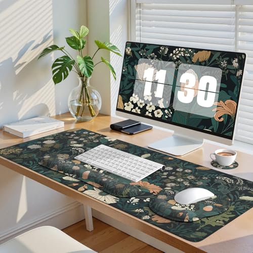 iCasso Desk Cover Mat, 4in1 Floral Large Mouse Pad with Wrist Rest - color: Cute Weeds
