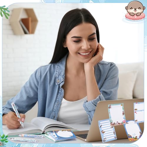 Dispowreath 24 Pcs Otter Sticky Notes with Pens Themed Gifts Self Adhesive Notepad Cute Memo Notes Pads Black Ink Ballpoint Pen for Otter Lover Gifts Office School Students Teacher Supplies - style: Otter