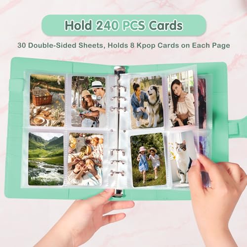 WITHYU A5 Card Collector with 30 Pack 4-Pocket Pages, 6 Ring Binder Album with 240 Card Slots, PU Leather Binder Cover with Magnetic Buckle Closure (Green) - color: Green