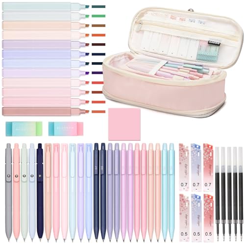 50 PCS Aesthetic School Supplies with Cute Pen Case,12 Pastel Highlighters,5 Black Ink Gel Pens, 12 Mechanical Pencils Set 0.5 & 0.7 mm 6 Color Gel Pens for Students Stationary College Essentials Pink - color: Pink
