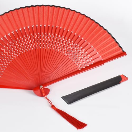8.27" Top Green Bamboo Silk Folding Fan, Traditional Chinese/Japanese Handheld Fan for Daily Use, Decor & Gift (Red Silk Hand Fan+Case 1p) - color: Red Silk Hand Fan+Case 1p