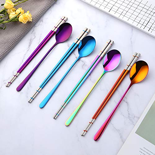 Buyer Star 4 color Square Chopsticks and Spoons Set Metal Stainless Steel Spoons Chopsticks Set - color: 4 color B-square chopstick and spoon