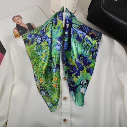 Women 100% Mulberry Silk Neck Scarf 21" Square Floral Neckerchief - color: Blue Green Iris