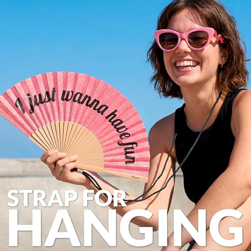 Fisura – Original folding fan with “Have Fun” message. Modern and colorful wooden folding fan. Pink glitter folding fan. Includes strap. Fun gift idea. 16.7 x 9 in. - color: Have Fun, Pink