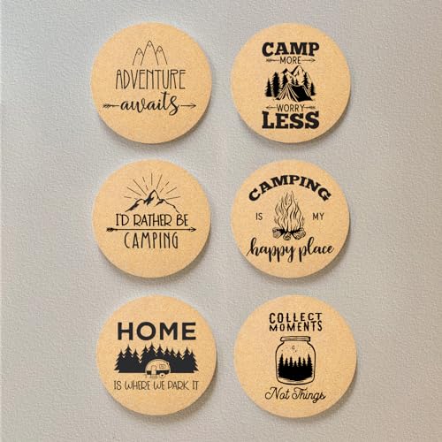Coasters for Drinks with Holder Set of 6, Camping Coaster Absorbent Cork Wood for Cup Desk Office Table Kitchen Decor House Warming Gifts for New Home Couples, Round 4" - color: Camping