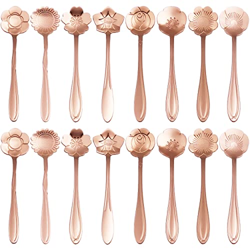 16 Pieces Flower Spoon Coffee Teaspoon Set, PBIEHSR Stainless Steel Coffee Tea Spoons Dessert Scoop for Stirring Drink Mixing Milkshake Jam - style: Rose Gold
