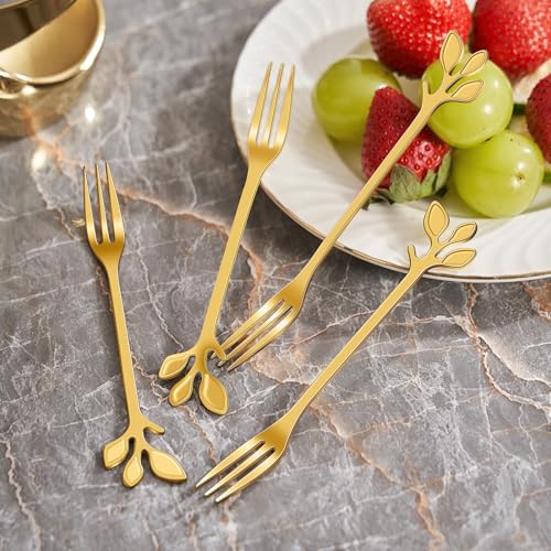 AnSaw Gold Swan Base Holder Set with 10-pcs Mini Leaf Dessert Forks-4.7" - color: Gold Swan