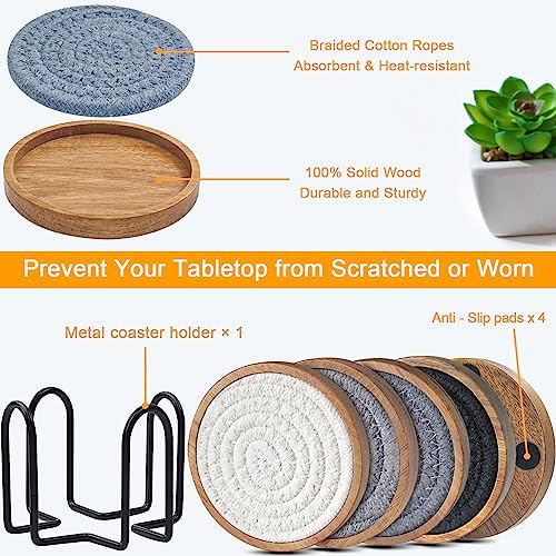 Wood Coasters for Drinks, Eykao Absorbent Coaster Sets of 5, Woven Drink Coasters for Coffee Table, Housewarming Gift for Farmhouse Home Decor,4 inches - color: Grey (With Holder)