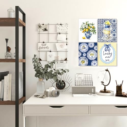 LUKIPOM Chinoiserie Lemon Summer Wall Art Posters Set of 4,Amalfi Coast Grandmillennial Home Decor,Blue and White Porcelain Lemon Tree Prints Artwork for Kitchen Wall Decor, 8x10 Unframed - color: Color 016