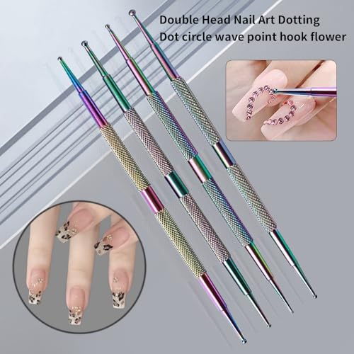 4Pcs Dual-Ended Nail Dotting Tool Set, Iridescent Stainless Steel Nail Art Dot Pens with Portable Storage Cases, Professional Nail Polka Dot & Rhinestone Picker Tools for Salon DIY Manicure - color: Iridescent
