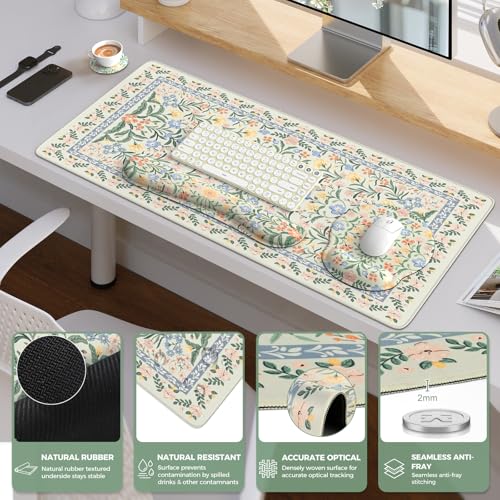 iCasso Green Desk Pad Mat, Large Mouse Pad and Keyboard Wrist Rest Set - color: Green Floral