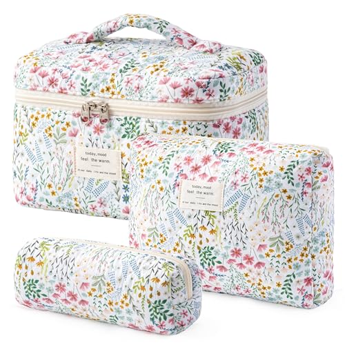 HBselect Quilted Makeup Bag, 3Pcs Cotton Large Travel Makeup Bags Organizer - color: A-3PCS-Floral 41
