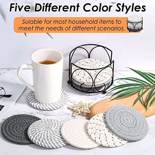 Lezmarket 10 Pcs Absorbent Drinks Coasters with Holder, 5 Colors Coasters for Drinks Absorbent, Minimalist Cotton Woven Coaster Set for Home Decor Tabletop Protection Suitable for All Cups, 4.3 inch