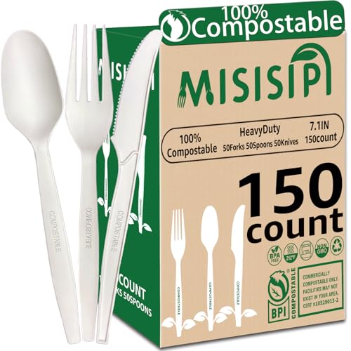 MISISIPI 150-Count Compostable Utensils Set - Heavy Duty BPI Certified, Plastic-Free Disposable Forks, Spoons, Knives for BBQ, Camping, Events, Plant-Based Cutlery - style: Cutlery Set-150