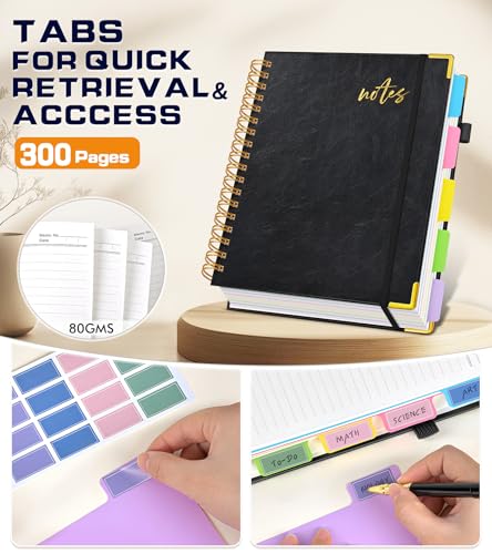 Hardcover Spiral Notebook Journal 8.5" x 11" Leather 5 Subject Notebook with Removable Dividers Tabs, 300 Pages Organizer Notebooks for Work School, College Ruled, Large Lined Journal for Women,Black - color: Black, size: A4